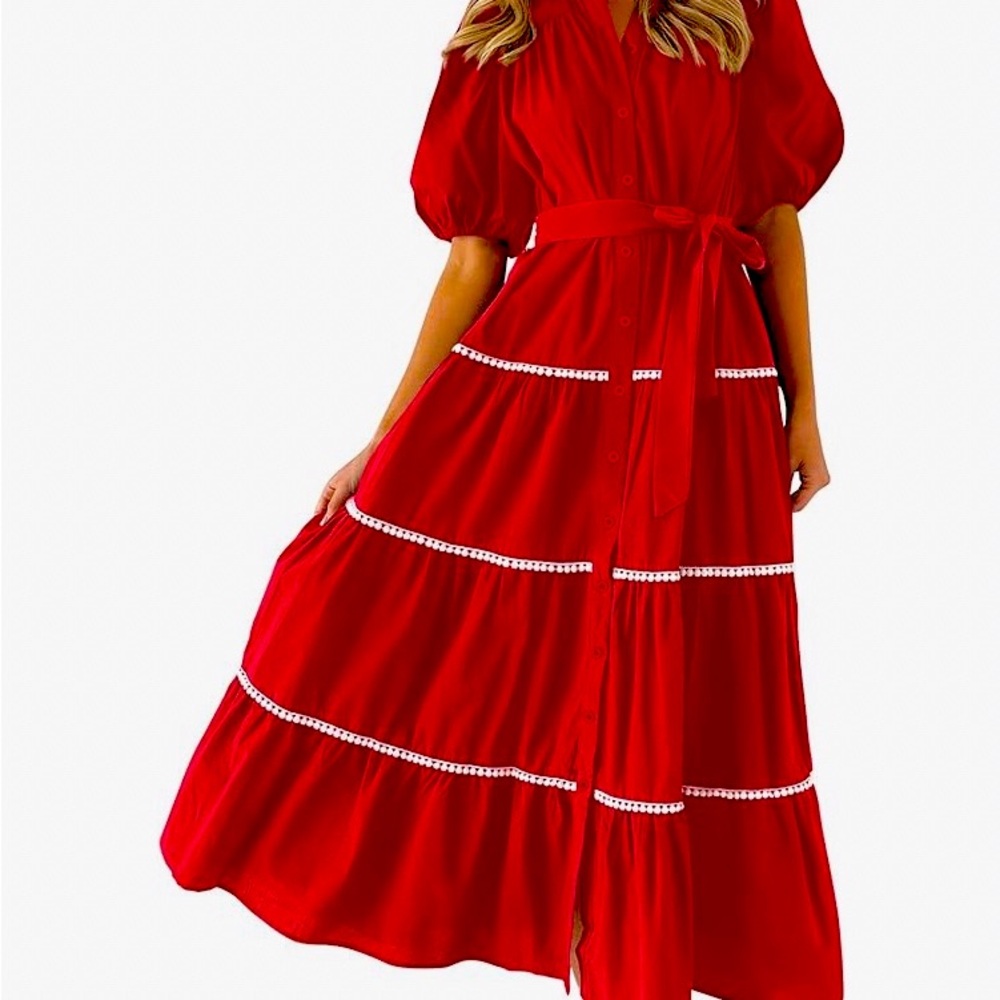 Red Maxi Sundress with Puff Sleeves and V-Neck